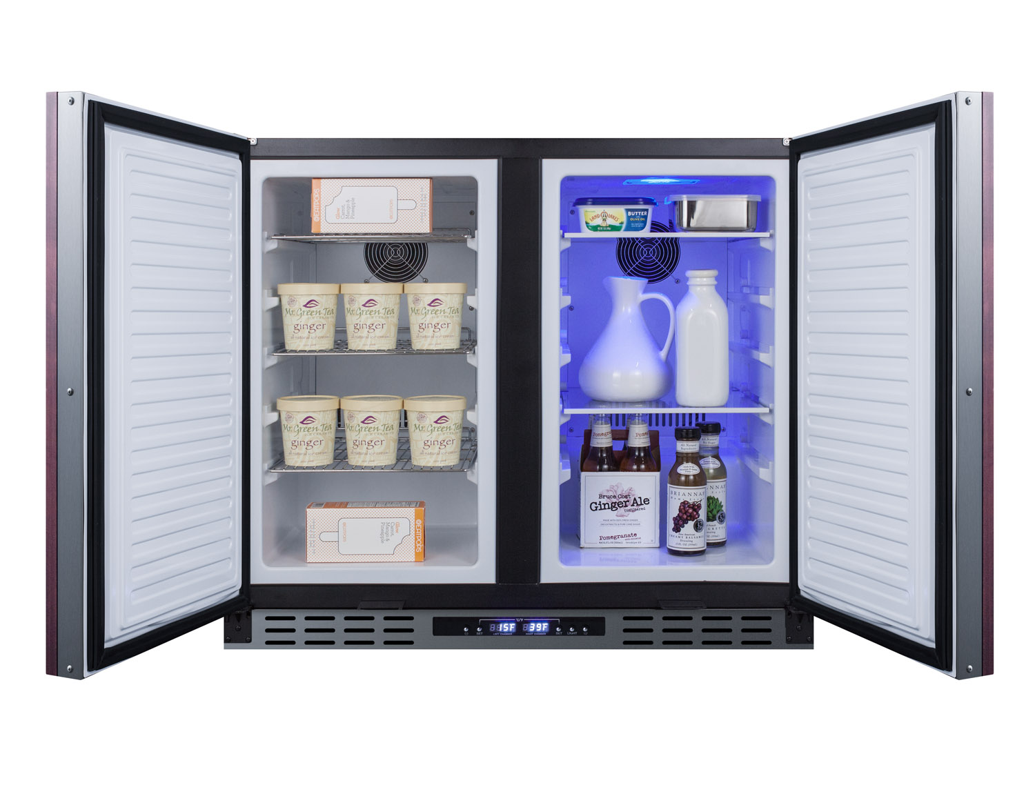 ADA compliant, commercially approved, frost-free, side-by-side refrigerator-freezer for built-in or freestanding use with two panel ready doors, black cabinet, and front-placed digital controls
